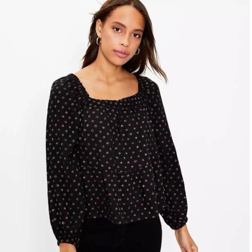 Loft Black Shimmer Polka Dot Square Neck Blouse Women’s Size Large
